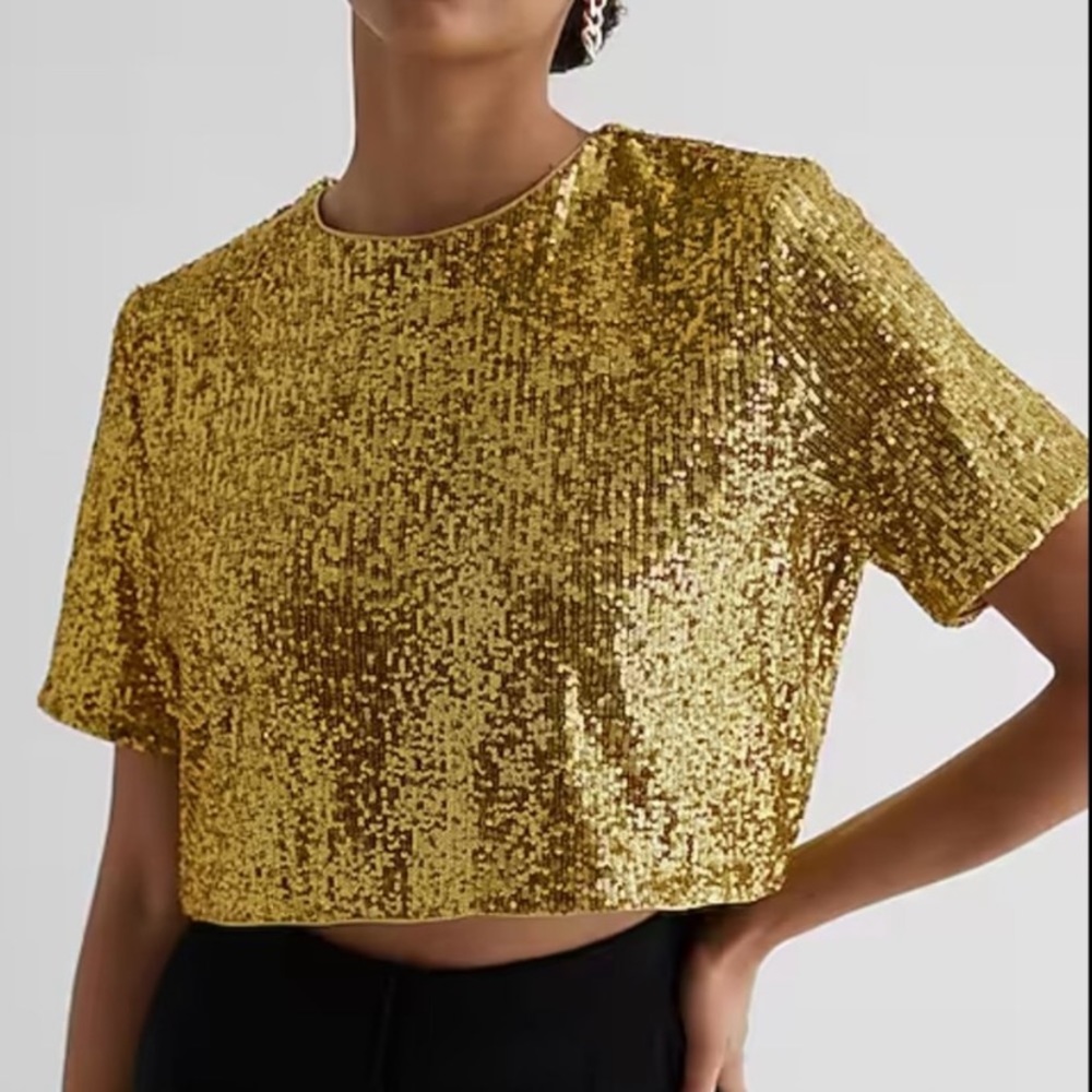 NWT Express Gold skimming sequin crew neck boxy cropped tee XL